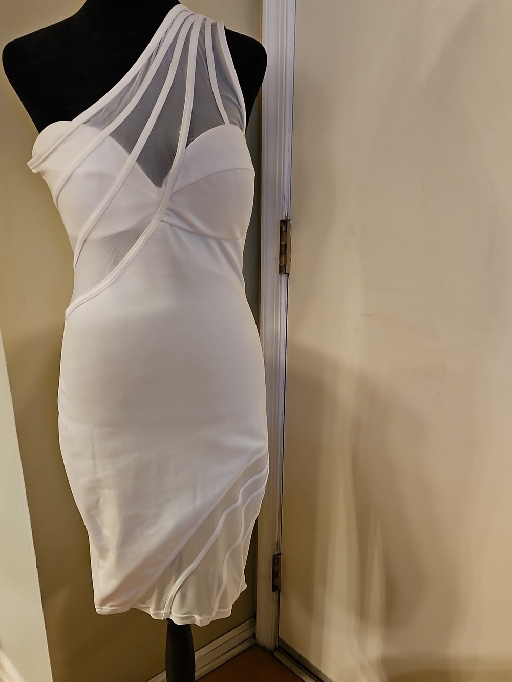All-Urs Inc White One Shoulder Mesh Cutout Bodycon Dress L